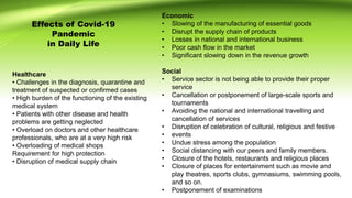 Effects of Covid-19
Pandemic
in Daily Life
Economic
• Slowing of the manufacturing of essential goods
• Disrupt the supply chain of products
• Losses in national and international business
• Poor cash flow in the market
• Significant slowing down in the revenue growth
Social
• Service sector is not being able to provide their proper
service
• Cancellation or postponement of large-scale sports and
tournaments
• Avoiding the national and international travelling and
cancellation of services
• Disruption of celebration of cultural, religious and festive
• events
• Undue stress among the population
• Social distancing with our peers and family members.
• Closure of the hotels, restaurants and religious places
• Closure of places for entertainment such as movie and
play theatres, sports clubs, gymnasiums, swimming pools,
and so on.
• Postponement of examinations
Healthcare
• Challenges in the diagnosis, quarantine and
treatment of suspected or confirmed cases
• High burden of the functioning of the existing
medical system
• Patients with other disease and health
problems are getting neglected
• Overload on doctors and other healthcare
professionals, who are at a very high risk
• Overloading of medical shops
Requirement for high protection
• Disruption of medical supply chain
 