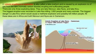 2. Limnic eruptions or explosion is also called a lake overturn and is caused by an explosion no of
gas from the lake (normally carbon dioxide) erupting and suffocating people.
There are only three exploding lakes. They are lake Menoun, lake Nyos, and lake Kivu.
The biggest eruption ever recorded is Lake Nos killing 1,800 people and many animals. The biggest
danger is Lake Kivu which would cause a methane explosion and possibly kill million people. All
these lakes are in Africa and both Menoun and Nyos are in Cameroon.
 