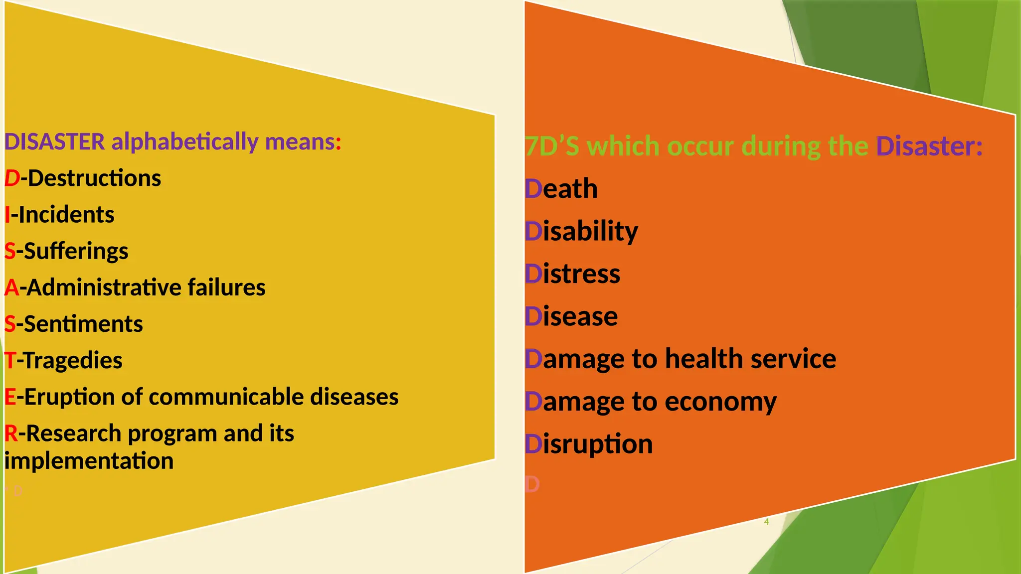 4
DISASTER alphabetically means:
D-Destructions
I-Incidents
S-Sufferings
A-Administrative failures
S-Sentiments
T-Tragedies
E-Eruption of communicable diseases
R-Research program and its
implementation
• D
7D’S which occur during the Disaster:
Death
Disability
Distress
Disease
Damage to health service
Damage to economy
Disruption
D
 