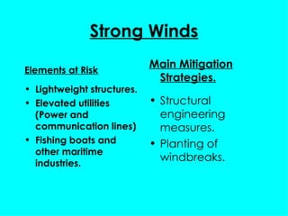 Strong Winds Elements at Risk Lightweight structures. Elevated utilities (Power and communication lines) Fishing boats and other maritime industries. Main Mitigation Strategies. Structural engineering measures. Planting of windbreaks. 