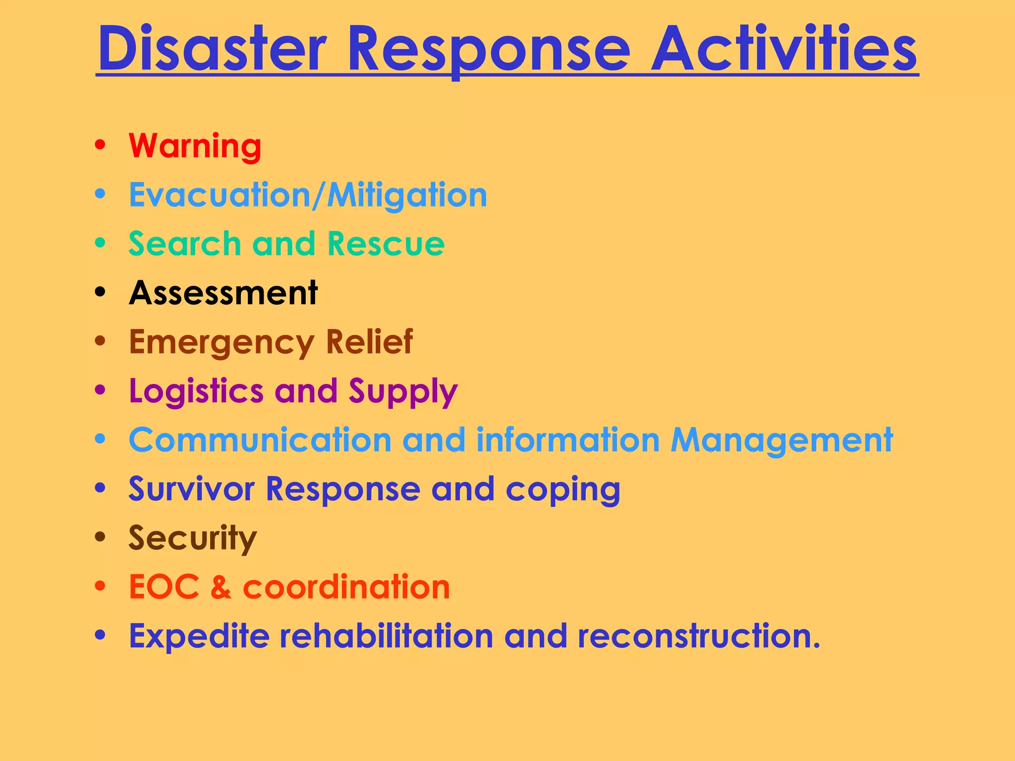 Disaster Response Activities
•   Warning
•   Evacuation/Mitigation
•   Search and Rescue
•   Assessment
•   Emergency Relief
•   Logistics and Supply
•   Communication and information Management
•   Survivor Response and coping
•   Security
•   EOC & coordination
•   Expedite rehabilitation and reconstruction.
 