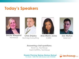 Today’s Speakers Answering chat questions:  Kevin Lo, TechSoup  Kami Griffiths, TechSoup Becky Wiegand TechSoup Ana-Marie Jones CARD Chris Shipley Nutmeg Consulting Zac Mutrux Sarai LLC 