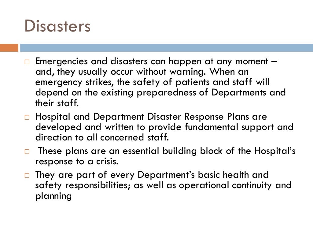 Disaster plans in hospitals and health care centers