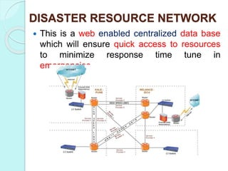 DISASTER RESOURCE NETWORK
 This is a web enabled centralized data base
which will ensure quick access to resources
to minimize response time tune in
emergencies
 