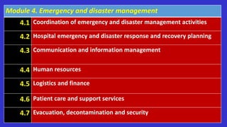 Module 4. Emergency and disaster management
4.1 Coordination of emergency and disaster management activities
4.2 Hospital emergency and disaster response and recovery planning
4.3 Communication and information management
4.4 Human resources
4.5 Logistics and finance
4.6 Patient care and support services
4.7 Evacuation, decontamination and security
 