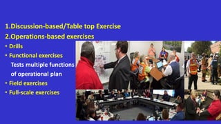 1.Discussion-based/Table top Exercise
2.Operations-based exercises
• Drills
• Functional exercises
Tests multiple functions
of operational plan
• Field exercises
• Full-scale exercises
 