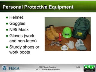 Personal Protective Equipment
● Helmet
● Goggles
● N95 Mask
● Gloves (work
and non-latex)
● Sturdy shoes or
work boots
1-29
CERT Basic Training
Unit 1: Disaster Preparedness
 