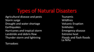 Types of Natural Disasters
Agricultural disease and pests Tsunamis
Storm surge Wildfires
Drought and water shortage Volcanic Eruption
Earthquakes Sinkholes
Hurricanes and tropical storm Emergency disease
Landslide and debris flow Extreme heat
Thunder storm and lightning Floods and flash floods
La Niña
Tornadoes
 