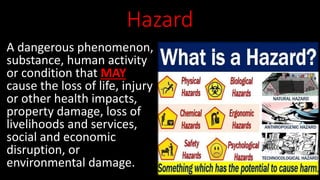 Hazard
A dangerous phenomenon,
substance, human activity
or condition that MAY
cause the loss of life, injury
or other health impacts,
property damage, loss of
livelihoods and services,
social and economic
disruption, or
environmental damage.
 