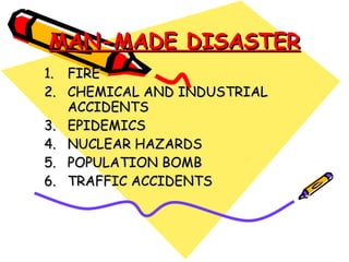 MAN-MADE DISASTER FIRE CHEMICAL AND INDUSTRIAL ACCIDENTS EPIDEMICS NUCLEAR HAZARDS POPULATION BOMB TRAFFIC ACCIDENTS 