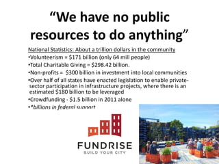 “We have no public
resources to do anything”
National Statistics: About a trillion dollars in the community
•Volunteerism = $171 billion (only 64 mill people)
•Total Charitable Giving = $298.42 billion.
•Non-profits = $300 billion in investment into local communities
•Over half of all states have enacted legislation to enable privatesector participation in infrastructure projects, where there is an
estimated $180 billion to be leveraged
•Crowdfunding - $1.5 billion in 2011 alone
•*billions in federal support

 