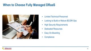 13
When to Choose Fully Managed DRaaS
• Limited Technical Personnel
• Looking to Build or Mature BC/DR Ops
• High Security Requirements
• Dedicated Resources
• Easy On-Boarding
• Compliance
 
