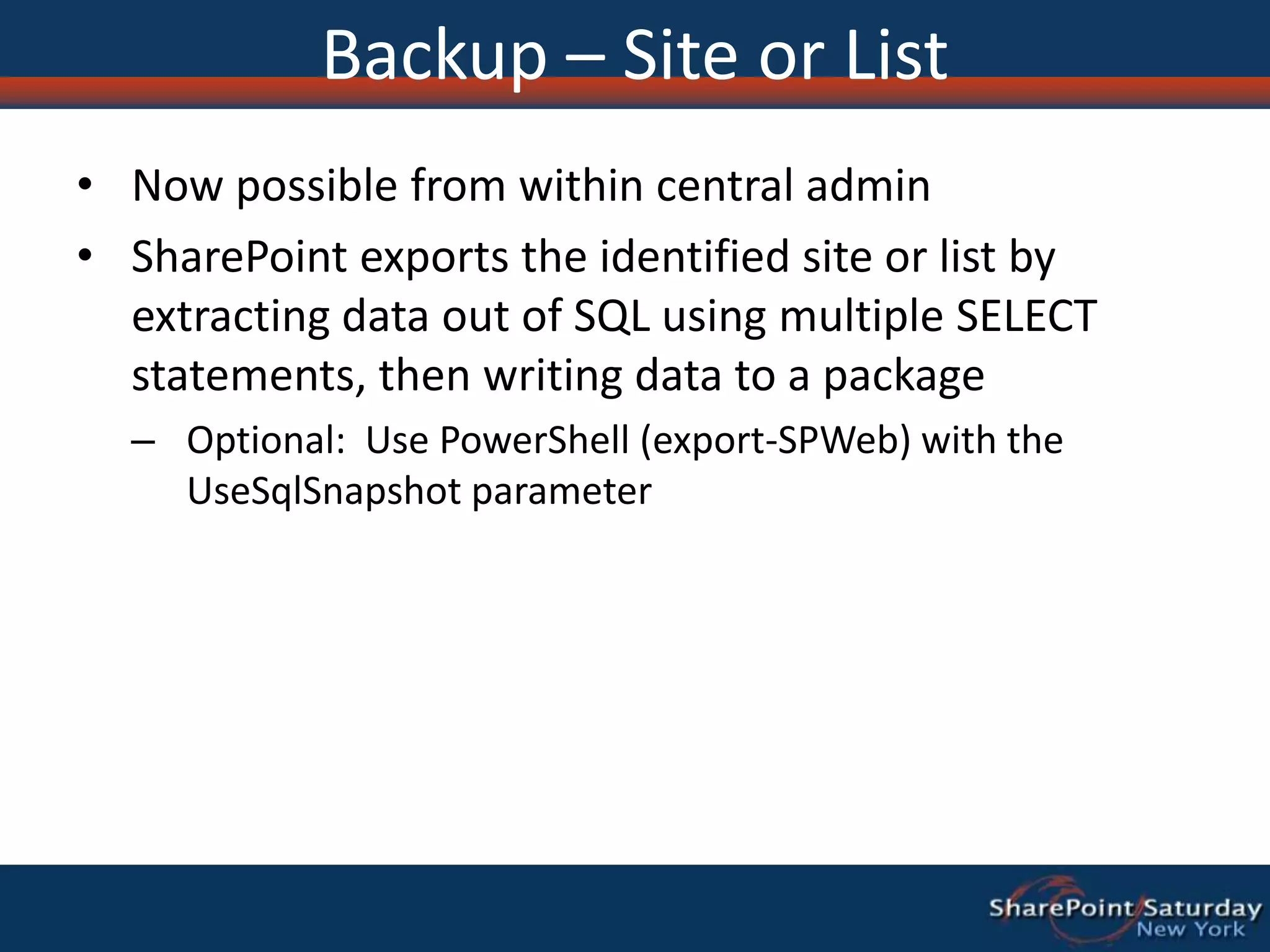 Crawls and merges are resumedRestore - SearchIf restoring to existing Search Service App (overwrite)All  search components are unprovisioned (crawl/query stops working)Indexes are restoredDatabases are restoredCrawls and merges are resumedIf this is a restore from an earlier build, upgrade is run (i.e. backup from RTM, restoring to SP1)If restoring to a new Search Service AppExisting Search Service Application continues to workIndexes are restoredDatabases are restoredCrawls and merges are resumedIf this is a restore from an earlier build, upgrade is run