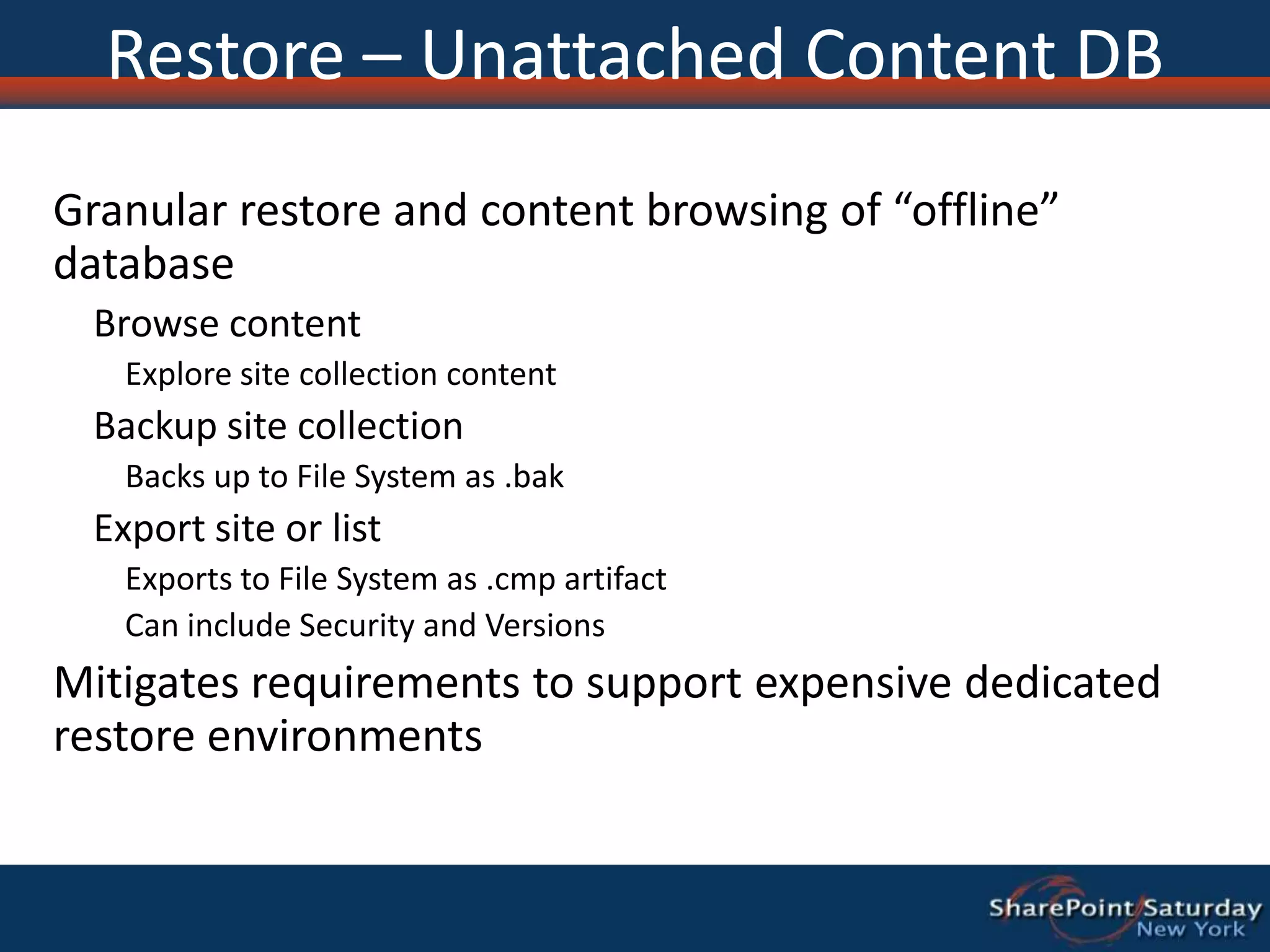 Restore – Service AppsIf restoring to existing service application (overwrite)Existing service app is unprovisionedOtherwise, existing service app continues to workDatabases, if any, are restoredConfig is restoredService is started