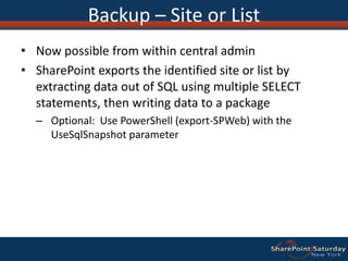 Crawls and merges are resumedRestore - SearchIf restoring to existing Search Service App (overwrite)All  search components are unprovisioned (crawl/query stops working)Indexes are restoredDatabases are restoredCrawls and merges are resumedIf this is a restore from an earlier build, upgrade is run (i.e. backup from RTM, restoring to SP1)If restoring to a new Search Service AppExisting Search Service Application continues to workIndexes are restoredDatabases are restoredCrawls and merges are resumedIf this is a restore from an earlier build, upgrade is run