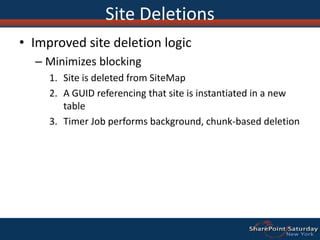 Site DeletionsImproved site deletion logicMinimizes blockingSite is deleted from SiteMapA GUID referencing that site is instantiated in a new tableTimer Job performs background, chunk-based deletion