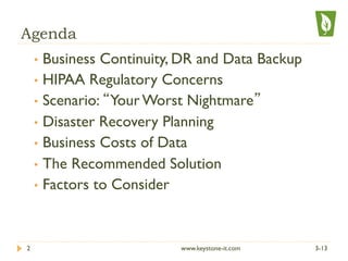 Agenda
•  Business Continuity, DR and Data Backup
•  HIPAA Regulatory Concerns
•  Scenario: “Your Worst Nightmare”
•  Disaster Recovery Planning
•  Business Costs of Data
•  The Recommended Solution
•  Factors to Consider
3-132 www.keystone-it.com
 