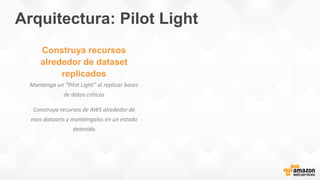 Construya recursos
alrededor de dataset
replicados
Mantenga un “Pilot Light” al replicar bases
de datos criticas
Construya recursos de AWS alrededor de
esos datasets y manténgalos en un estado
detenido
Arquitectura: Pilot Light
 