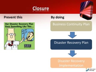 Closure
Business Continuity Plan
Disaster Recovery Plan
Disaster Recovery
Implementation
Prevent this By doing
 