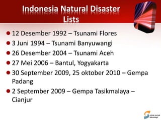 Indonesia Natural Disaster
Lists
 12 Desember 1992 – Tsunami Flores
 3 Juni 1994 – Tsunami Banyuwangi
 26 Desember 2004 – Tsunami Aceh
 27 Mei 2006 – Bantul, Yogyakarta
 30 September 2009, 25 oktober 2010 – Gempa
Padang
 2 September 2009 – Gempa Tasikmalaya –
Cianjur
 