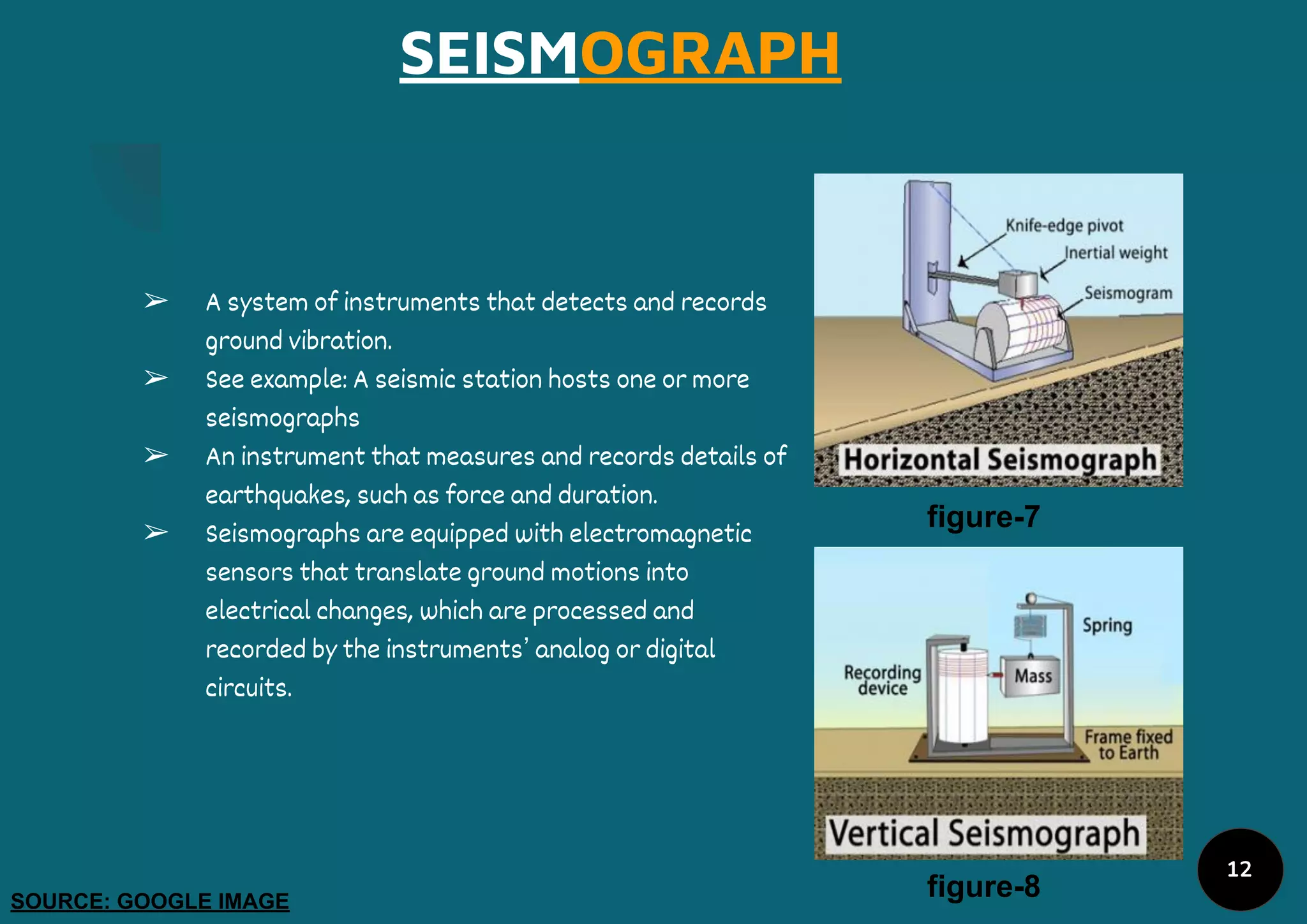 SEISMOGRAPH
➢ A system of instruments that detects and records
ground vibration.
➢ See example: A seismic station hosts one or more
seismographs
➢ An instrument that measures and records details of
earthquakes, such as force and duration.
➢ Seismographs are equipped with electromagnetic
sensors that translate ground motions into
electrical changes, which are processed and
recorded by the instruments’ analog or digital
circuits.
figure-7
figure-8
SOURCE: GOOGLE IMAGE
12
 