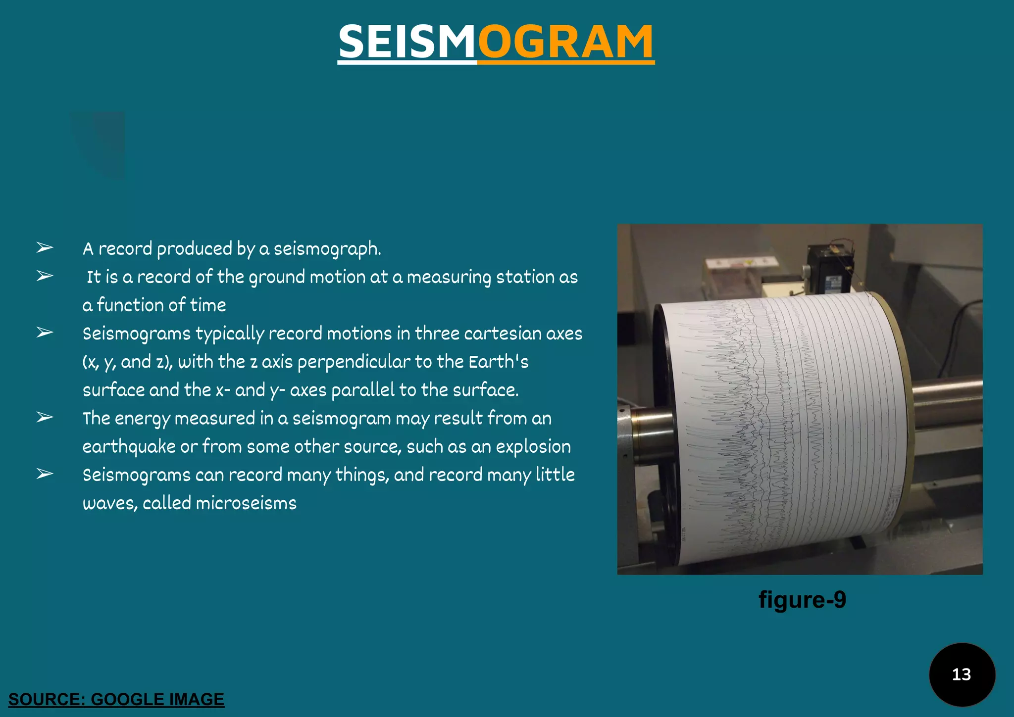 SEISMOGRAM
➢ A record produced by a seismograph.
➢ It is a record of the ground motion at a measuring station as
a function of time
➢ Seismograms typically record motions in three cartesian axes
(x, y, and z), with the z axis perpendicular to the Earth's
surface and the x- and y- axes parallel to the surface.
➢ The energy measured in a seismogram may result from an
earthquake or from some other source, such as an explosion
➢ Seismograms can record many things, and record many little
waves, called microseisms
figure-9
SOURCE: GOOGLE IMAGE
13
 