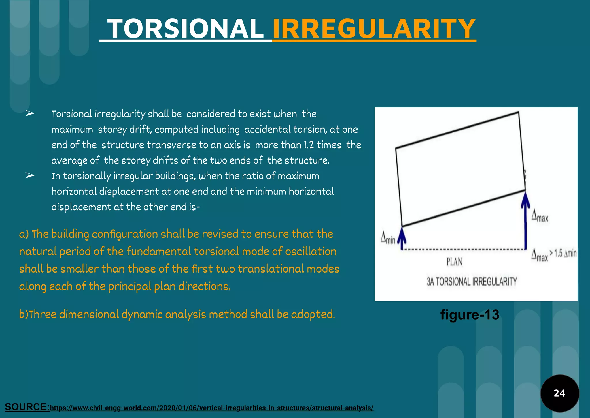TORSIONAL IRREGULARITY
➢ Torsional irregularity shall be considered to exist when the
maximum storey drift, computed including accidental torsion, at one
end of the structure transverse to an axis is more than 1.2 times the
average of the storey drifts of the two ends of the structure.
➢ In torsionally irregular buildings, when the ratio of maximum
horizontal displacement at one end and the minimum horizontal
displacement at the other end is-
a) The building conﬁguration shall be revised to ensure that the
natural period of the fundamental torsional mode of oscillation
shall be smaller than those of the ﬁrst two translational modes
along each of the principal plan directions.
b)Three dimensional dynamic analysis method shall be adopted. figure-13
SOURCE:https://www.civil-engg-world.com/2020/01/06/vertical-irregularities-in-structures/structural-analysis/
24
 