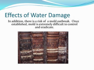Effects of Water Damage In addition, there is a risk of  a mold outbreak.  Once established, mold is extremely difficult to control and eradicate.