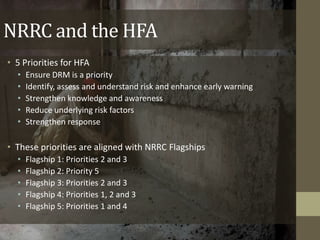 NRRC and the HFA
• 5 Priorities for HFA
• Ensure DRM is a priority
• Identify, assess and understand risk and enhance early warning
• Strengthen knowledge and awareness
• Reduce underlying risk factors
• Strengthen response
• These priorities are aligned with NRRC Flagships
• Flagship 1: Priorities 2 and 3
• Flagship 2: Priority 5
• Flagship 3: Priorities 2 and 3
• Flagship 4: Priorities 1, 2 and 3
• Flagship 5: Priorities 1 and 4
 