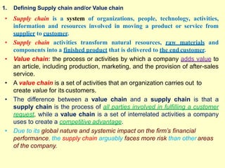 1. Defining Supply chain and/or Value chain
• Supply chain is a system of organizations, people, technology, activities,
information and resources involved in moving a product or service from
supplier to customer.
• Supply chain activities transform natural resources, raw materials and
components into a finished product that is delivered to the end customer.
• Value chain: the process or activities by which a company adds value to
an article, including production, marketing, and the provision of after-sales
service.
• A value chain is a set of activities that an organization carries out to
create value for its customers.
• The difference between a value chain and a supply chain is that a
supply chain is the process of all parties involved in fulfilling a customer
request, while a value chain is a set of interrelated activities a company
uses to create a competitive advantage.
• Due to its global nature and systemic impact on the firm’s financial
performance, the supply chain arguably faces more risk than other areas
of the company.
 