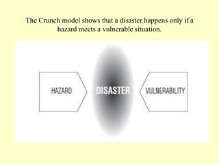 The Crunch model shows that a disaster happens only if a
hazard meets a vulnerable situation.
 