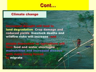 Cont…
Climate change
Increased drought will lead to
land degradation, Crop damage and
reduced yields; livestock deaths and
wildfire risks will increase, and
people dependent on agriculture will
face food and water shortages,
malnutrition and increased disease,
with many being forced
to migrate.
 