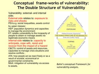 Conceptual frame-works of vulnerability:
The Double Structure of Vulnerability
Vulnerability: external- and internal
side;
External side relates to: exposure to
risks and shocks
PEA:e.g. social inequalities, assets control
by upper classes;
HEP: population dynamics and capacities
to manage the environment
ET: relates vulnerability to the incapacity of
people to obtain or manage assets via
legitimate economic means
Internal side relates to :capacity to
anticipate, cope with, resist and
recover from the impact of a hazard
C&CTh: control of assets and resources,
capacities to manage crisis situations and
resolve conflicts ;
ATA: how people act as react freely or as a
result of societal, economical or
governmental constraints;
MAA: mitigation of vulnerability via access
to assets.
Bohle’s conceptual Framework for
vulnerability analysis.
 