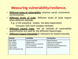 Measuring vulnerability/resilence.
 Different types of vulnerability: physical, social, economical,
environmental;
 Different levels of scale. Different levels of scale require
often different methods.
E.g. in the analytical models the data requirement
increases with more complex methods;
 Different hazard types. Not all methods of vulnerability
quantification are used for the different hazard types.
 Different hazard intensities & indicators for hazard intensity.
 