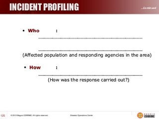 INCIDENT PROFILING

…Continued

 Who
:
_____________________________________
_____________________________________
(Affected population and responding agencies in the area)
 How
:
_____________________________________
(How was the response carried out?)

125

 