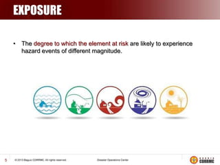 EXPOSURE
• The degree to which the element at risk are likely to experience
hazard events of different magnitude.

5

 