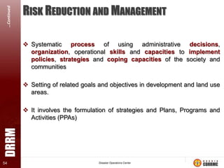 RISK PROFILE

…Continued
54

The Philippines, given its location on the earth is prone to various types
of Natural Disasters.

 Located along the
Pacific Ring of Fire,
between two Tectonic
plates (Eurasian and
Pacific) which are
volcanic
and
earthquake
generators.

 22 active volcanoes (5
most active).

 