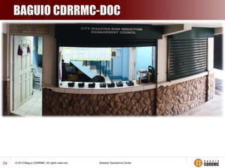 …Continued

RISK REDUCTION AND MANAGEMENT
 Systematic process of using administrative decisions,
organization, operational skills and capacities to implement
policies, strategies and coping capacities of the society and
communities
 Setting of related goals and objectives in development and land use
areas.

DRRM

 It involves the formulation of strategies and Plans, Programs and
Activities (PPAs)

74

 