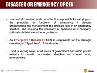 …Continued

WHAT MUST BE DONE TO REDUCE RISK
 Institutionalize Local Disaster Risk Reduction & Management Office

 Establish Early Warning System
 Formulation of Communication Protocol
 Formulation of Evacuation Procedures at the community level and
establishments
 Organize Local DRRMC and define the functional roles and
responsibilities of the members and task units

DRRM

 Establish Standard Operating Procedures (SOP)

75

 Hazard awareness
seminars

through

Community-Based

trainings

and

 