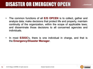 …Continued

WHAT MUST BE DONE TO REDUCE RISK
 Integrate disaster risk reduction into the Comprehensive Land Use
Plan (CLUP) and land use planning
 Integrate hazard, risk and vulnerability assessment into the
development plan
 Cluster Approach on Recovery Program
 Good working relationship with Warning Agencies and the Local
Media

DRRM

 Installation of rain gauges on mountain slopes

76

(DENR-MGB CAR recommended that 150 mm of rainfall observed
within 24 hours would already trigger evacuation of communities in
high risk areas)

 