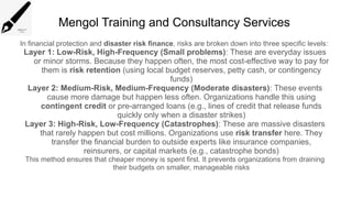 Mengol Training and Consultancy Services
In financial protection and disaster risk finance, risks are broken down into three specific levels:
Layer 1: Low-Risk, High-Frequency (Small problems): These are everyday issues
or minor storms. Because they happen often, the most cost-effective way to pay for
them is risk retention (using local budget reserves, petty cash, or contingency
funds)
Layer 2: Medium-Risk, Medium-Frequency (Moderate disasters): These events
cause more damage but happen less often. Organizations handle this using
contingent credit or pre-arranged loans (e.g., lines of credit that release funds
quickly only when a disaster strikes)
Layer 3: High-Risk, Low-Frequency (Catastrophes): These are massive disasters
that rarely happen but cost millions. Organizations use risk transfer here. They
transfer the financial burden to outside experts like insurance companies,
reinsurers, or capital markets (e.g., catastrophe bonds)
This method ensures that cheaper money is spent first. It prevents organizations from draining
their budgets on smaller, manageable risks
 