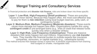 Mengol Training and Consultancy Services
In financial protection and disaster risk finance, risks are broken down into three specific
levels:
Layer 1: Low-Risk, High-Frequency (Small problems): These are everyday
issues or minor storms. Because they happen often, the most cost-effective way
to pay for them is risk retention (using local budget reserves, petty cash, or
contingency funds)
Layer 2: Medium-Risk, Medium-Frequency (Moderate disasters): These events
cause more damage but happen less often. Organizations handle this using
contingent credit or pre-arranged loans (e.g., lines of credit that release funds
quickly only when a disaster strikes)
Layer 3: High-Risk, Low-Frequency (Catastrophes): These are massive
disasters that rarely happen but cost millions. Organizations use risk transfer
here. They transfer the financial burden to outside experts like insurance
companies, reinsurers, or capital markets (e.g., catastrophe bonds)
This method ensures that cheaper money is spent first. It prevents organizations from draining
their budgets on smaller, manageable risks
 