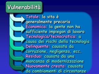 Vulnerabilità
Totale: la vita è
generalmente precaria
Economica: la gente non ha
sufficiente impiegon di lavoro
Tecnologica/tecnocratica: a
causa dei rischi della tecnologia
Delinquente: causata da
corruzione, negligenza, ecc.
Residua: causata da una
mancanza di modernizzazione
Nuovamente creata: causata
da cambiamenti di circostanze

 