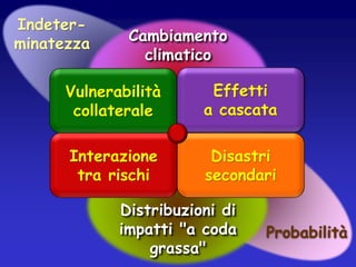 Indeterminatezza

Cambiamento
climatico

Vulnerabilità
collaterale

Effetti
a cascata

Interazione
tra rischi

Disastri
secondari

Distribuzioni di
impatti "a coda
grassa"

Probabilità

 