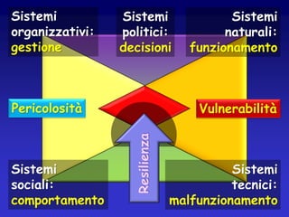 Sistemi
organizzativi:
gestione

Sistemi
politici:
decisioni

Pericolosità

Vulnerabilità
Resilienza

Sistemi
sociali:
comportamento

Sistemi
naturali:
funzionamento

Sistemi
tecnici:
malfunzionamento

 