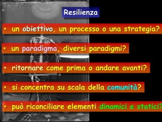 Resilienza
• un obiettivo, un processo o una strategia?
• un paradigma, diversi paradigmi?
• ritornare come prima o andare avanti?

• si concentra su scala della comunità?

• può riconciliare elementi dinamici e statici?

 