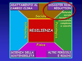 ADATTAMENTO AL
CAMBIO CLIMA

DISASTER RISK
REDUCTION

tecnologica

Sociale

RESILIENZA

Psicologica

naturale
sociale
tecnologica
intenzionale
complessa
a cascata

Fisica
SCIENZA DELLA
SOSTENIBILITÀ

ALTRI PERICOLI
E RISCHI

 
