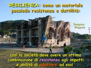 RESILIENZA: come un materiale
possiede resistenza e duttilità:
Onagawa,
Giappone

così la società deve avere un'ottima
combinazione di resistenza agli impatti
e abilità di adattarsi ad essi.

 
