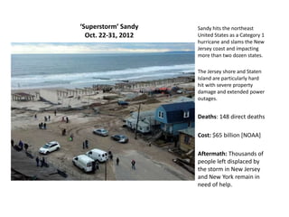‘Superstorm’ Sandy
Oct. 22-31, 2012
Sandy hits the northeast
United States as a Category 1
hurricane and slams the New
Jersey coast and impacting
more than two dozen states.
The Jersey shore and Staten
Island are particularly hard
hit with severe property
damage and extended power
outages.
Deaths: 148 direct deaths
Cost: $65 billion [NOAA]
Aftermath: Thousands of
people left displaced by
the storm in New Jersey
and New York remain in
need of help.
 