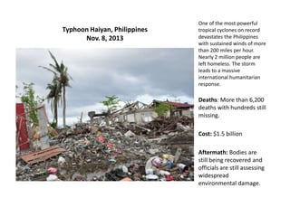 Typhoon Haiyan, Philippines
Nov. 8, 2013
One of the most powerful
tropical cyclones on record
devastates the Philippines
with sustained winds of more
than 200 miles per hour.
Nearly 2 million people are
left homeless. The storm
leads to a massive
international humanitarian
response.
Deaths: More than 6,200
deaths with hundreds still
missing.
Cost: $1.5 billion
Aftermath: Bodies are
still being recovered and
officials are still assessing
widespread
environmental damage.
 